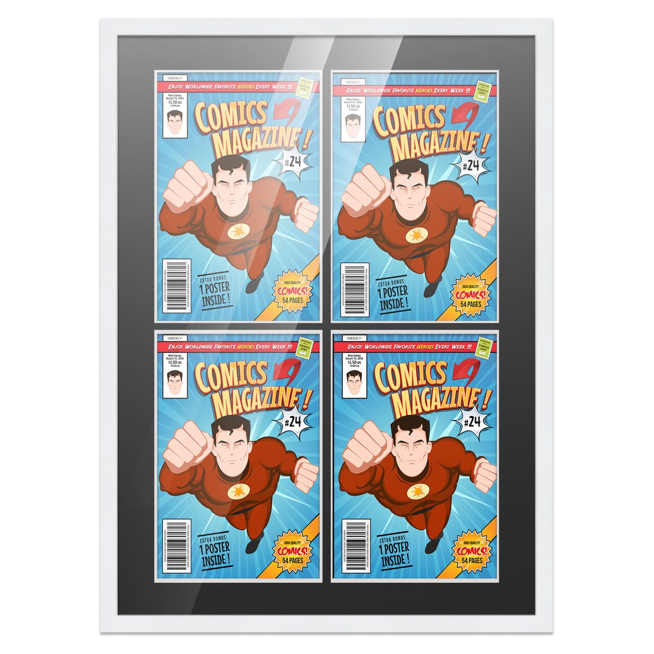 Comic Book Frame with Mat for 4 Current Era Comics Published After 1985 - White Wood Comic Frame With Black Mat for 6.875x10.5 Comics - 20x25.5 Frame Size
